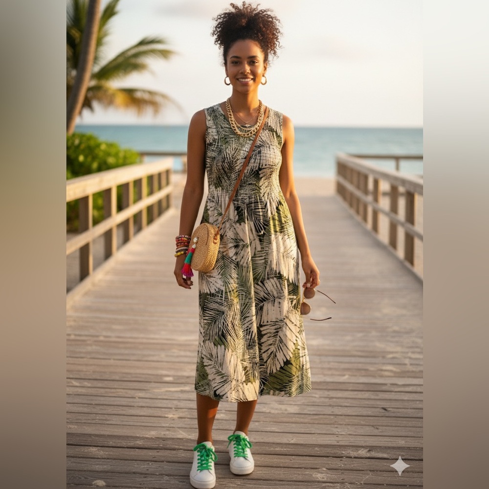 EUC Croft & Barrow Large Tropical Palm Leaf Sleeveless Smocked Midi Dress